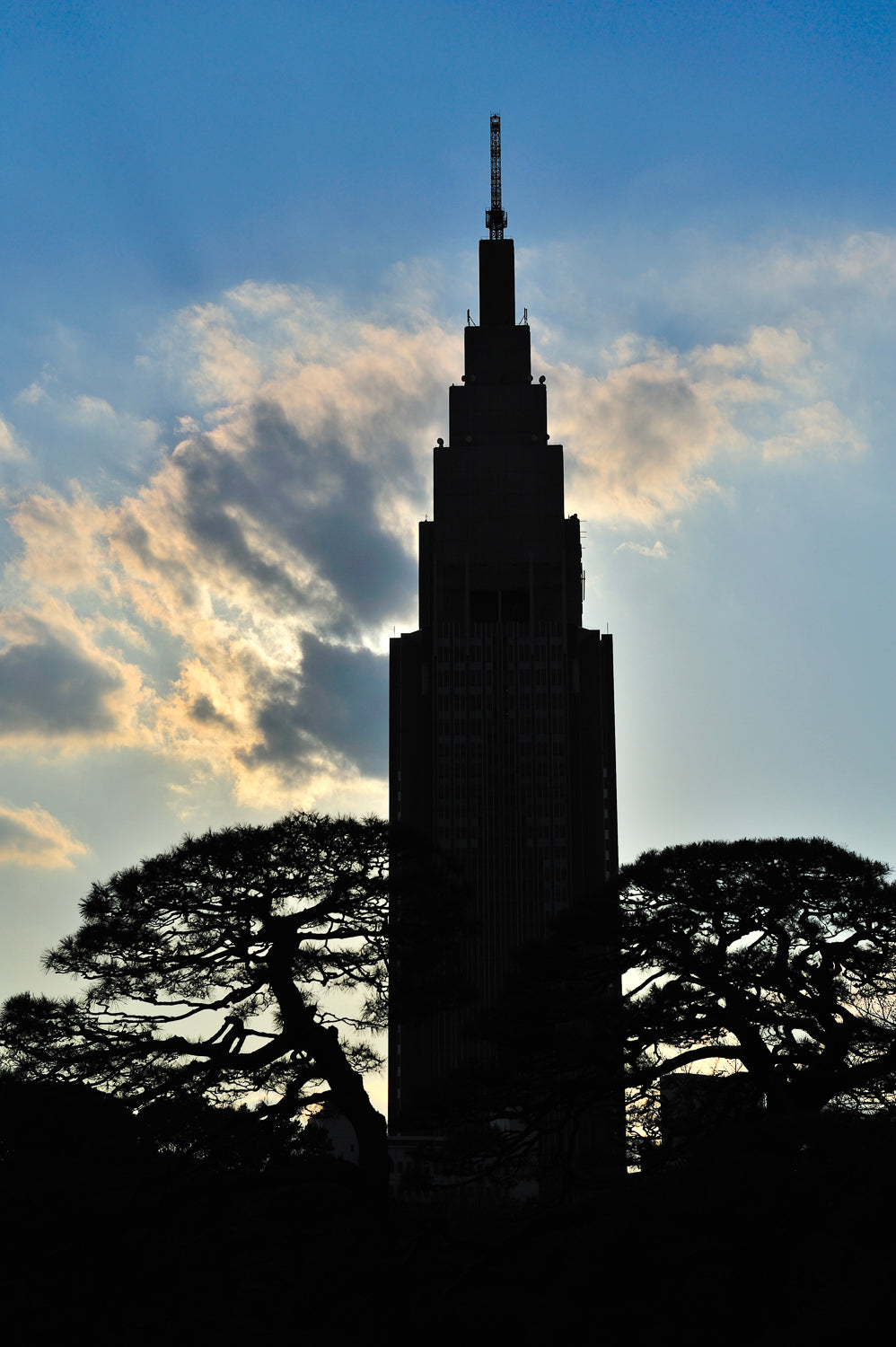 Docomo tower silhouette at sunset.