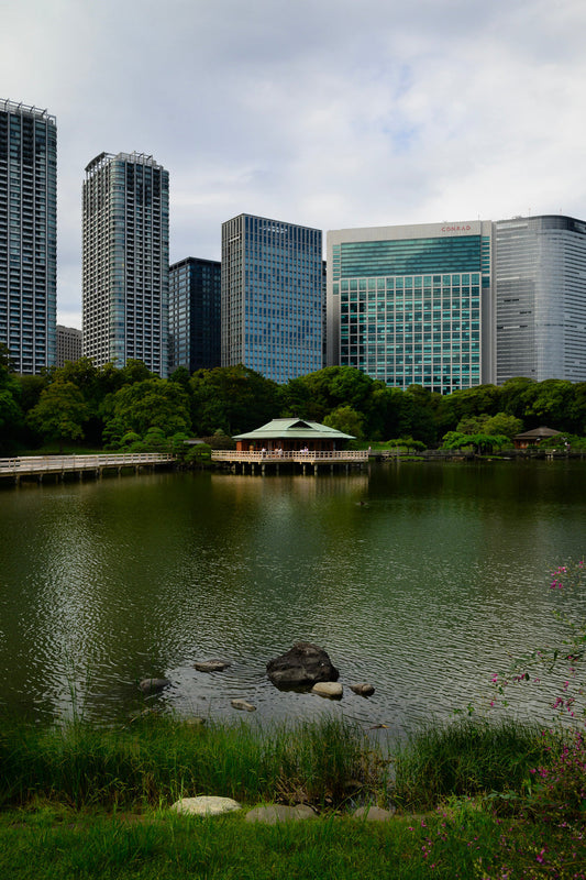 The pond, teahouse, and cityscape seen from Hamarikyu Garden