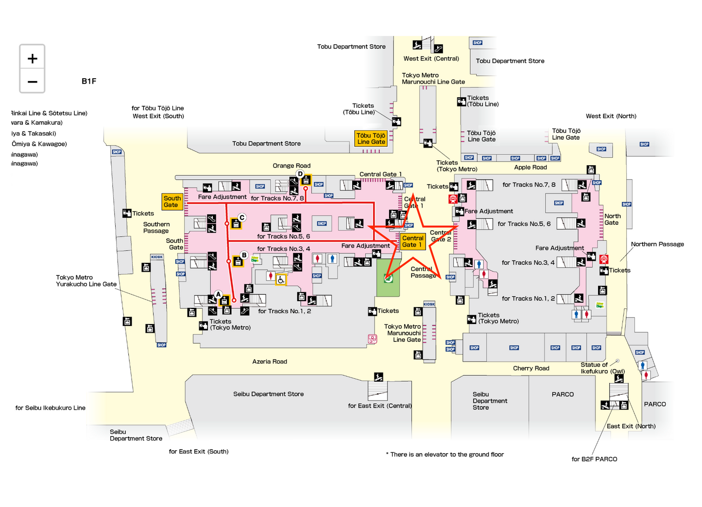 Ikebukuro Station Map Central Gate 1 marked with red star