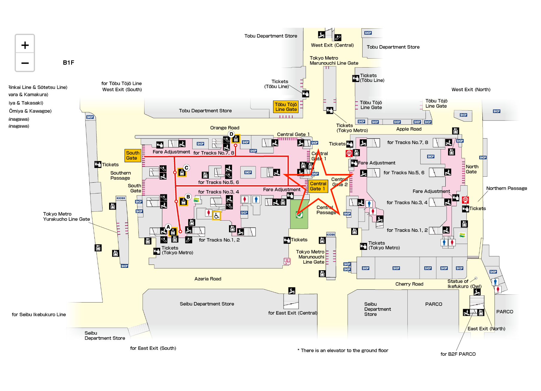 Ikebukuro Station Map Central Gate 1 marked with red star